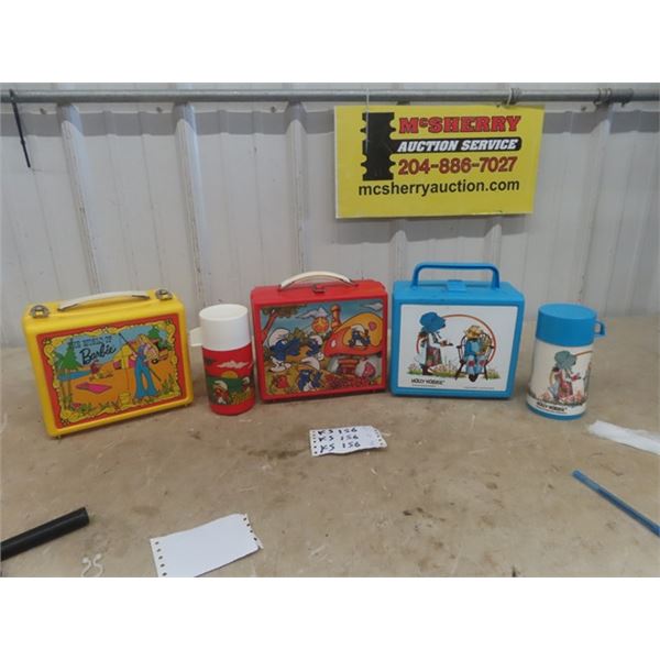 3 Plastic Lunch Kits & 2 Thermos; 1) Barbie MAttel 1972, 1) Smurfs with Thermos, 1) Aladdin Holly Ho