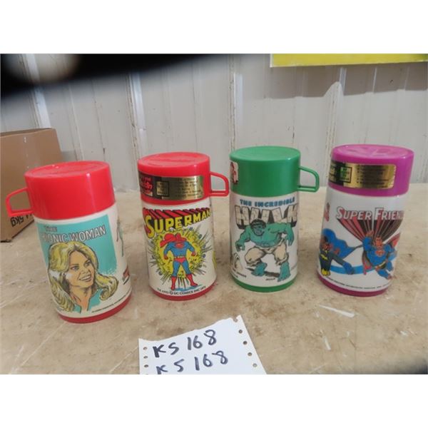 4 Aladdin Thermos; 1) Bionic Woman, 1) Superman 1971, 1) Hulk 1978, 1) Super Friends