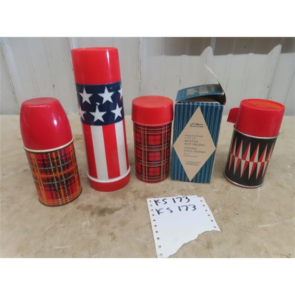 4 Thermos; 1) JC Miggins with Box, 1) Aladdin USA 2 Plaid - 1) Aladdin, 1) England