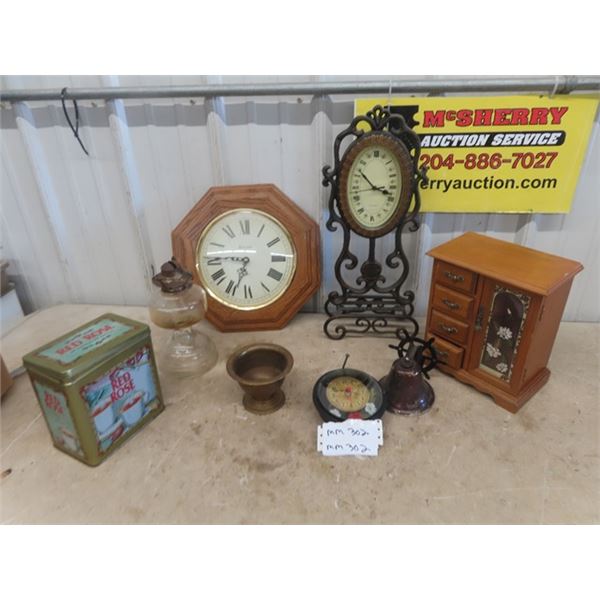 Jewelry Box, Clocks, Coal Oil Lamp, Bell, Tea Tin