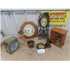 Image 1 : Jewelry Box, Clocks, Coal Oil Lamp, Bell, Tea Tin