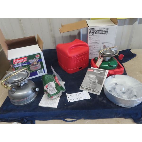 New Old Stock 2 Coleman Stoves with Boxes & Pamphlets; 1) Sports 2 533A 700G, 1) Deluxe Sportster 2 