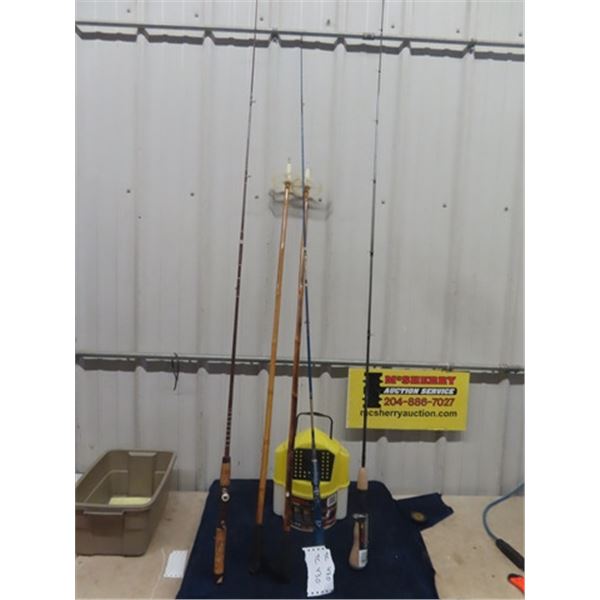 3 Fishing Rods, Minnow Bucket, Pair of Poles - No Skis