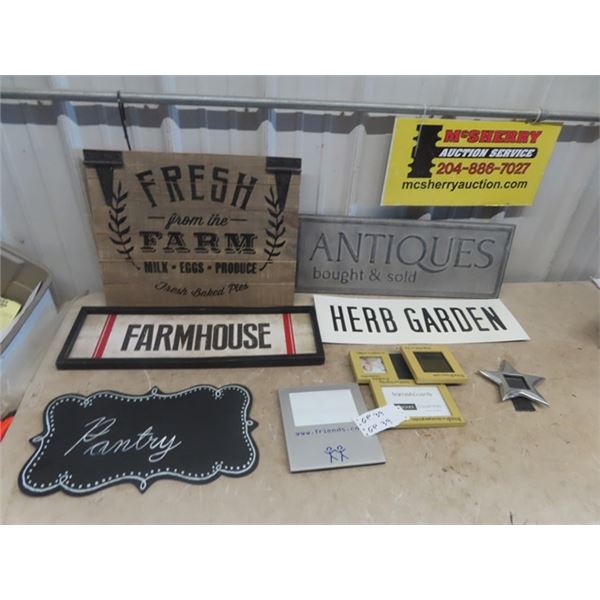 Metal Sign 'Antiques' , Wooden 'Farm' Sign, Picture Frames