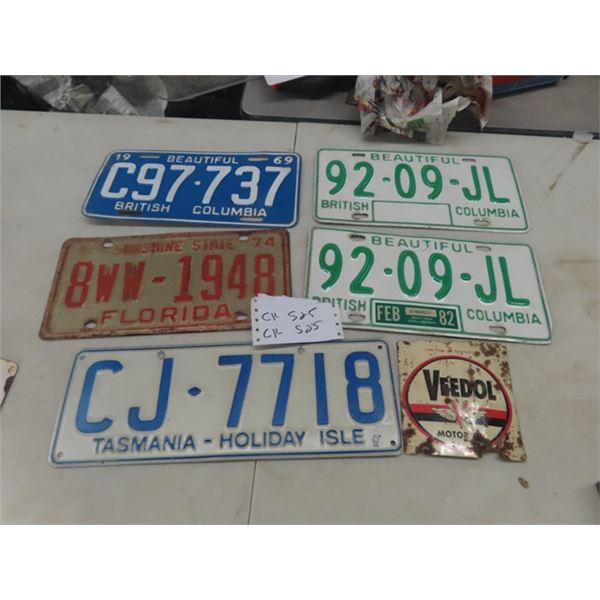 5 License Plates & Veedol Metal Display