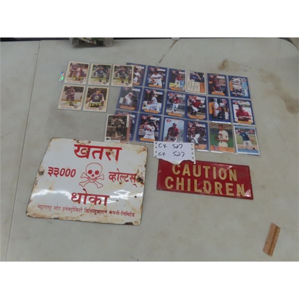 Sports Cards, Metal ' Caution Children' Sign Porcelain Skull + Cross Bone Sign