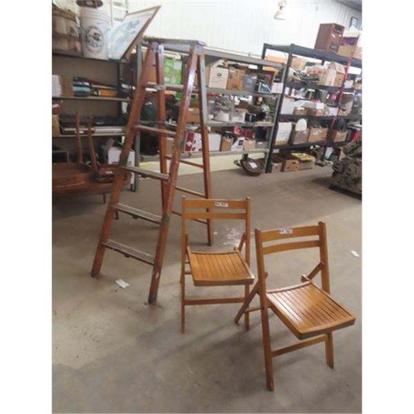 Wooden Step Ladder & 2 Wooden Folding Chairs