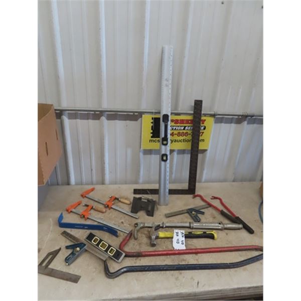 Squares, Levels, Wrecking Bar, Hammer, Nail Puller Clamps plus more