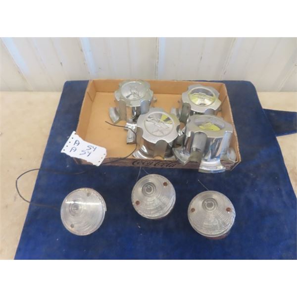 4 Chevy Hub Covers, 3 Vintage Auto Lights