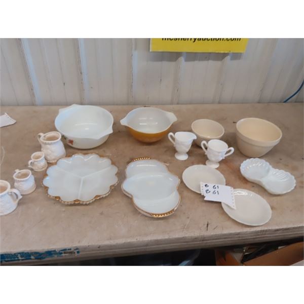 Milk Glass, Pyrex, Mixing Bowls, Cream + Sugar Pair