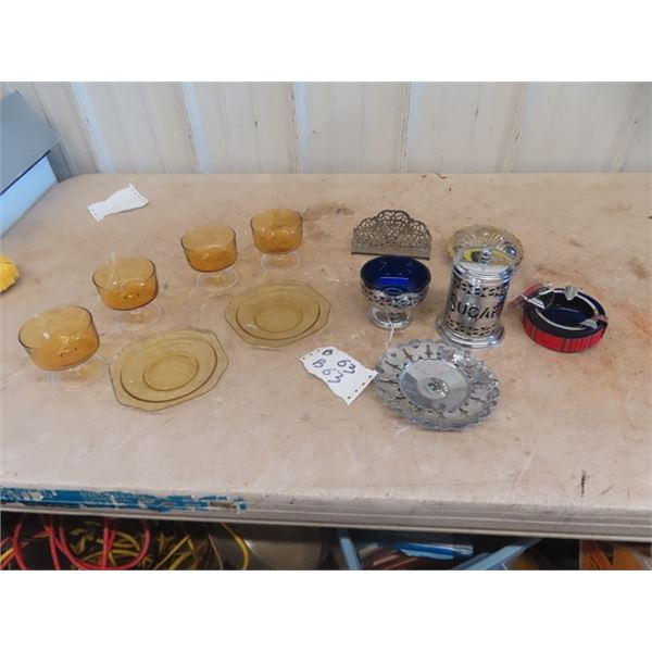 Depression Glass, Cobalt, Silver Ashtray, Sugar Bowl plus more