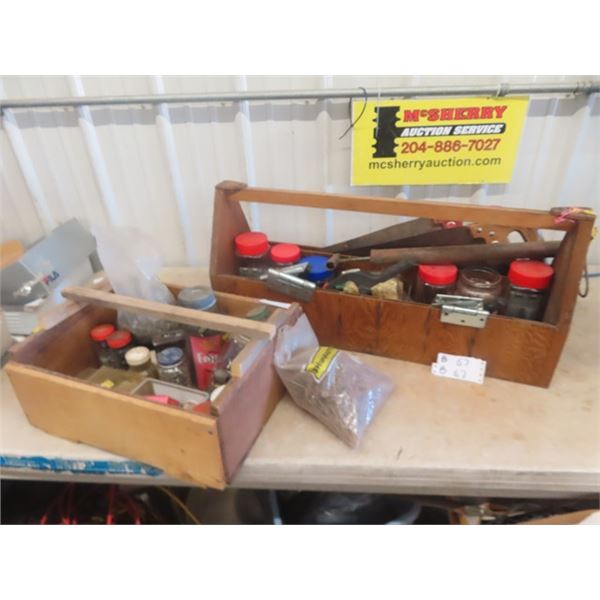 2 Carpenters Boxes Full of Hardware + Hand Tools; Nails, Screws, Saws, Hinges, Clamps plus more