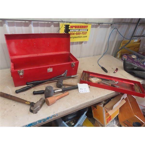 Metal Tool Box with Blue Point Sledge Hammer, Scraper, Chisels, Rubber Mallet