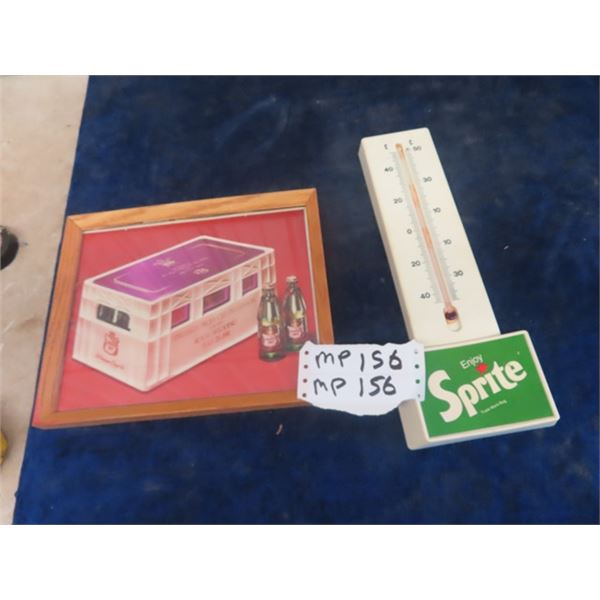 Vintage Plastic Sprite Thermometer 5" x 13" & Framed Paper Canada Dry  Advertising