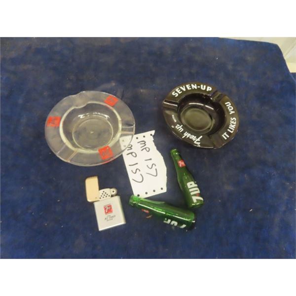 (2) 7 Up Glass Ashtray, 7 Up Lighter, 2 Glass Mini & up Bottles