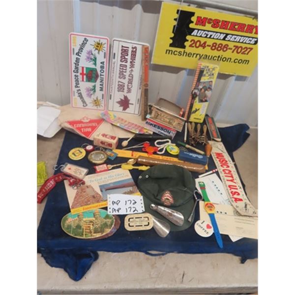 A & W Ruler, Pex Dispenser, Button, Key Chain, Old Wood + Leather Darts