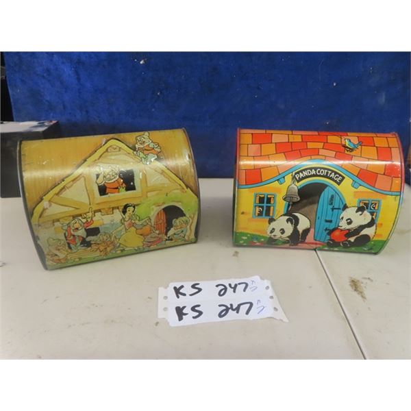 2 Vintage Metal Lunch Ktis - End Pops Open for Entry ; 1) Snow White, 1) Panda Cottage