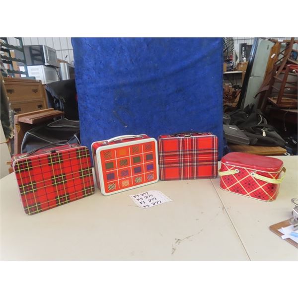 4 Metal Plaid Design Lunch Kits; 1) Thermos, 1) Ohio Art, 2) ??