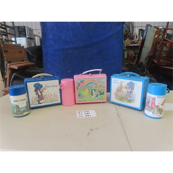 3 Plastic Lunch Kits with Thermos; 2) Holly Hobbie Aladdin, 1) 1981, 1) ? , 1) My Little Pony - 1986