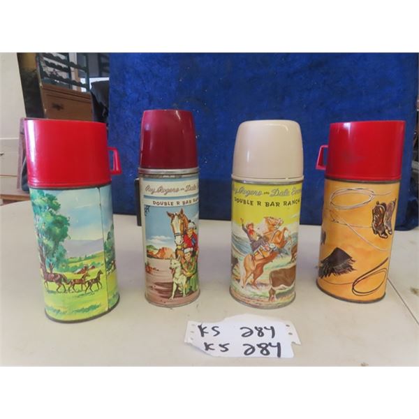 4 Vintage Thermos Mfg Thermos ; 2) Roy Rogers, 1) Western Theme, 1) Barn Yard Theme