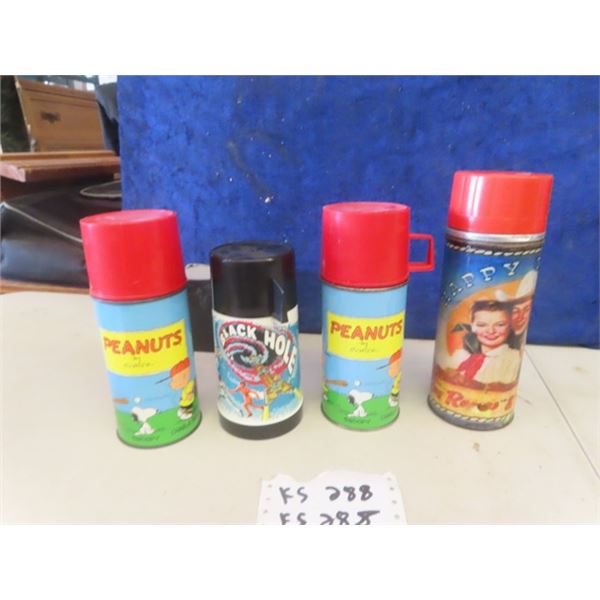 4 Thermos; 2) Peanuts - 1950's - Thermos, 1) Black Hole - 1979 - Aladdin, 1) Happy Trails - seems re