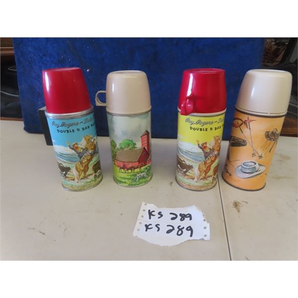4 Vintage Thermos Mfg Thermos ; 2) Roy Rogers, 1) Western Theme, 1) Barn Yard Theme