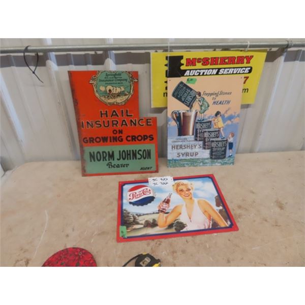3 Metal Signs; 1) Vintage Insurance - but CUT, 1) Modern Hersey's 12" x 17" , 1) Modern Pepsi 12" x 