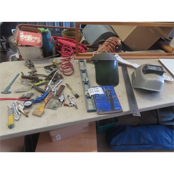 Odds n Ends of Tools; Flaring Tool , Air Gauge/ Blower, Level, Square, Welding Helmet plus more