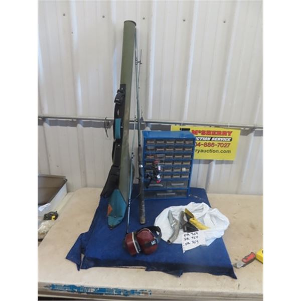 Fishing rod + Reel with Case, Organizer with Small Hardware, Quartz Oil Funnel  & Secret Tool to a L