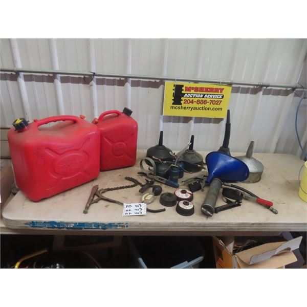 Grease Guns, Oil Squirt Cans, Oil Filter Wrenches, 2 Gas Cans