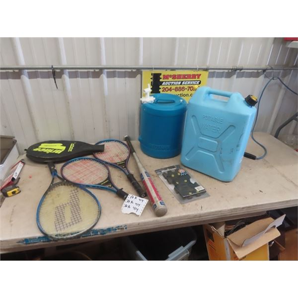 Tennis Rackets, Aluminum Bat, Foot Grippers, Water Toys