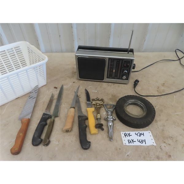 GE Radio, Tire Ashtray, Butcher/Kitchen Knives