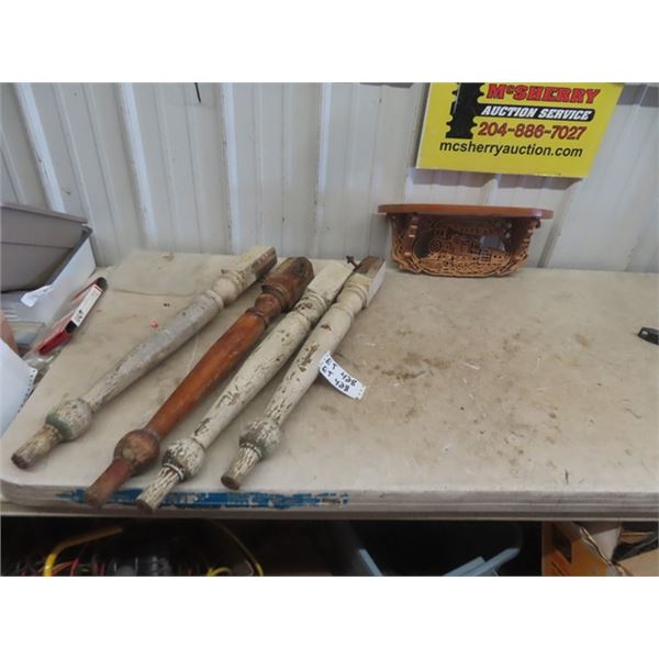 4 Primitive Table Legs & Shelf with Carved Train