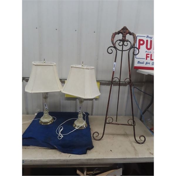 2 Matching Glass Lamps & Wrought Iron Stand
