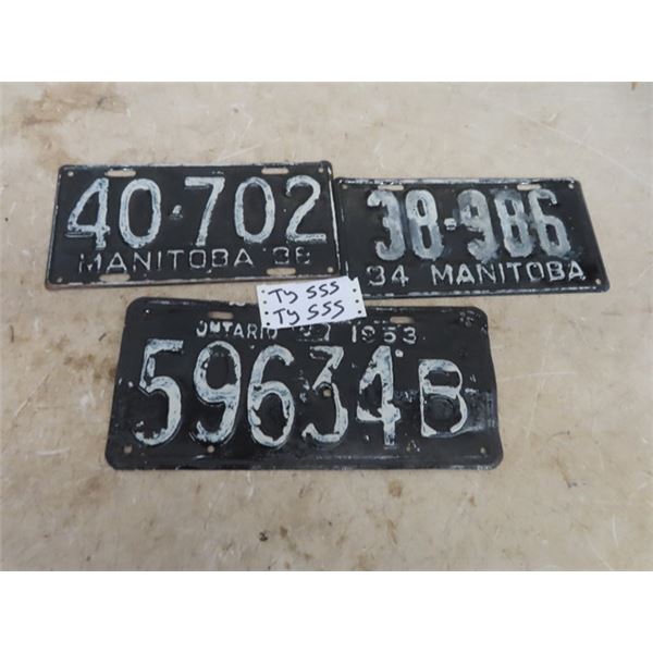 3 License Plates ; 1) MB 34, 1) MB 38, 1) ONT 53