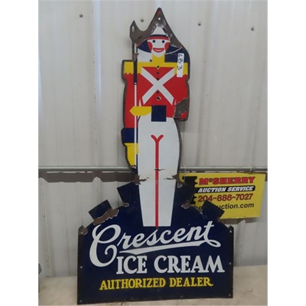 Vintage Porcelain Die Cut Crescent Ice Cream Dealer 25" x 45"
