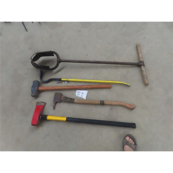 5 Hand Yard Tools ; Post Hole Digger, Wrecking Bar Sledge Hammer