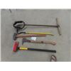 Image 1 : 5 Hand Yard Tools ; Post Hole Digger, Wrecking Bar Sledge Hammer, Splitting Axe, Pick