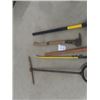 Image 3 : 5 Hand Yard Tools ; Post Hole Digger, Wrecking Bar Sledge Hammer, Splitting Axe, Pick