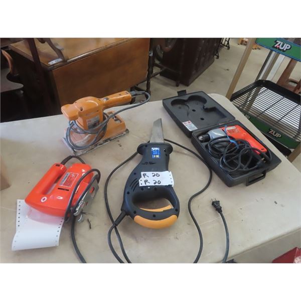 4 Power Tools; Reciprocating Saw, Jig Saw, Sander, Drill with Case