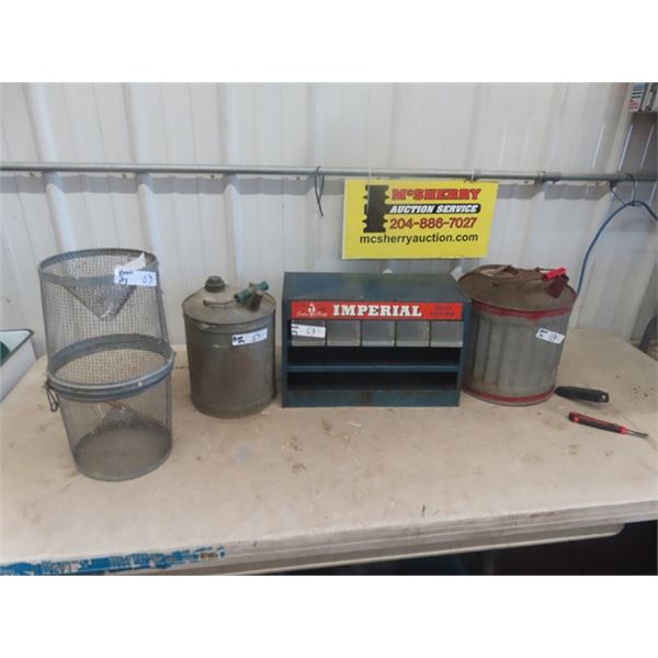 Imperial Brass Fitting Cabinet, 2 Fuel Pails, Minnow Basket