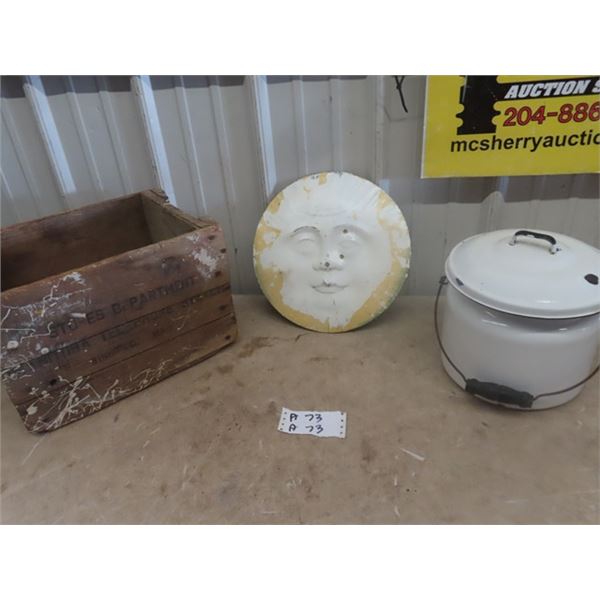 Wooden Crate, Enamel Slop Bucket with Lid & Metal Decor Piece