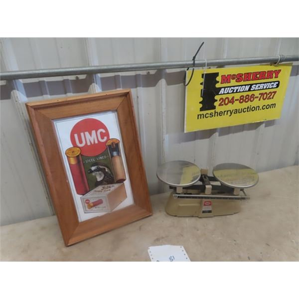 UMC Ammo Framed Paper Advertising 12"x 18" & Balance Scale