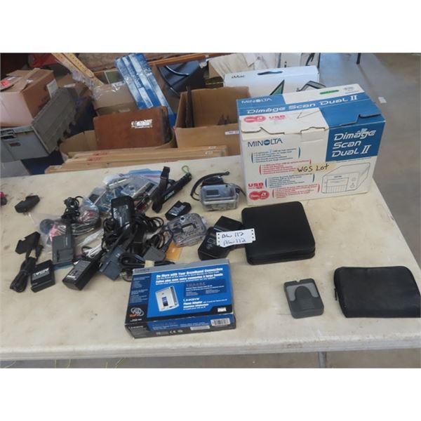 Minolta Dimage Scan Dual 2, Variety of Cameras + Small Battery Chargers, Linksys Phone Adapter plus 