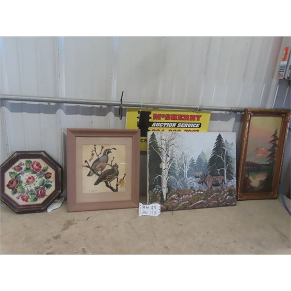 4 Pictures - 3 Framed  - Octagon Seems to be Needlepoint