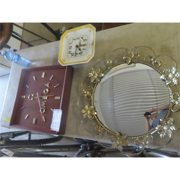 Omega Clock 15" x 15" , 8 Day Clock, Convex Mirror 19" Wide