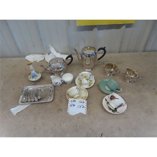 Silver Tea Set, China Cream + Sugar Pairs ; Paragon, Royal Albert, Aynsley, Bavaria Vase