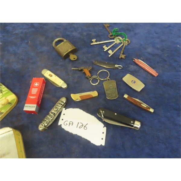 Pocket Knives, Key Chains, Skeleton Keys, Padlock with Key