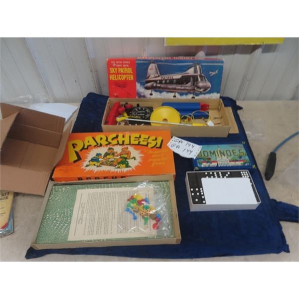 Sky Patrol Helicopter, Dominoes, Parcheesi Game