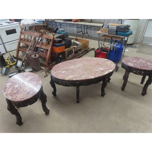 3 Pc  Table Set with Marble Top; Coffee Table 20" x 48" x 30" , End Tables 22" x 26" x 20"
